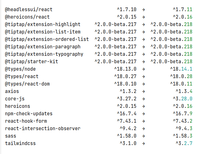 npm-check-updates list of updates